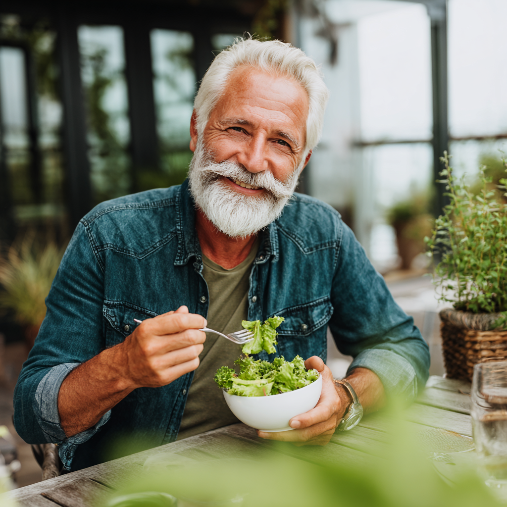 Elderly European woman smiling while preparing healthy colorful vegetables and fruits in modern kitchen, representing balanced nutrition and vitality