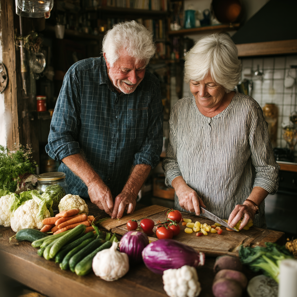 Senior European man in consultation with nutrition specialist reviewing personalized meal plan charts and healthy food samples