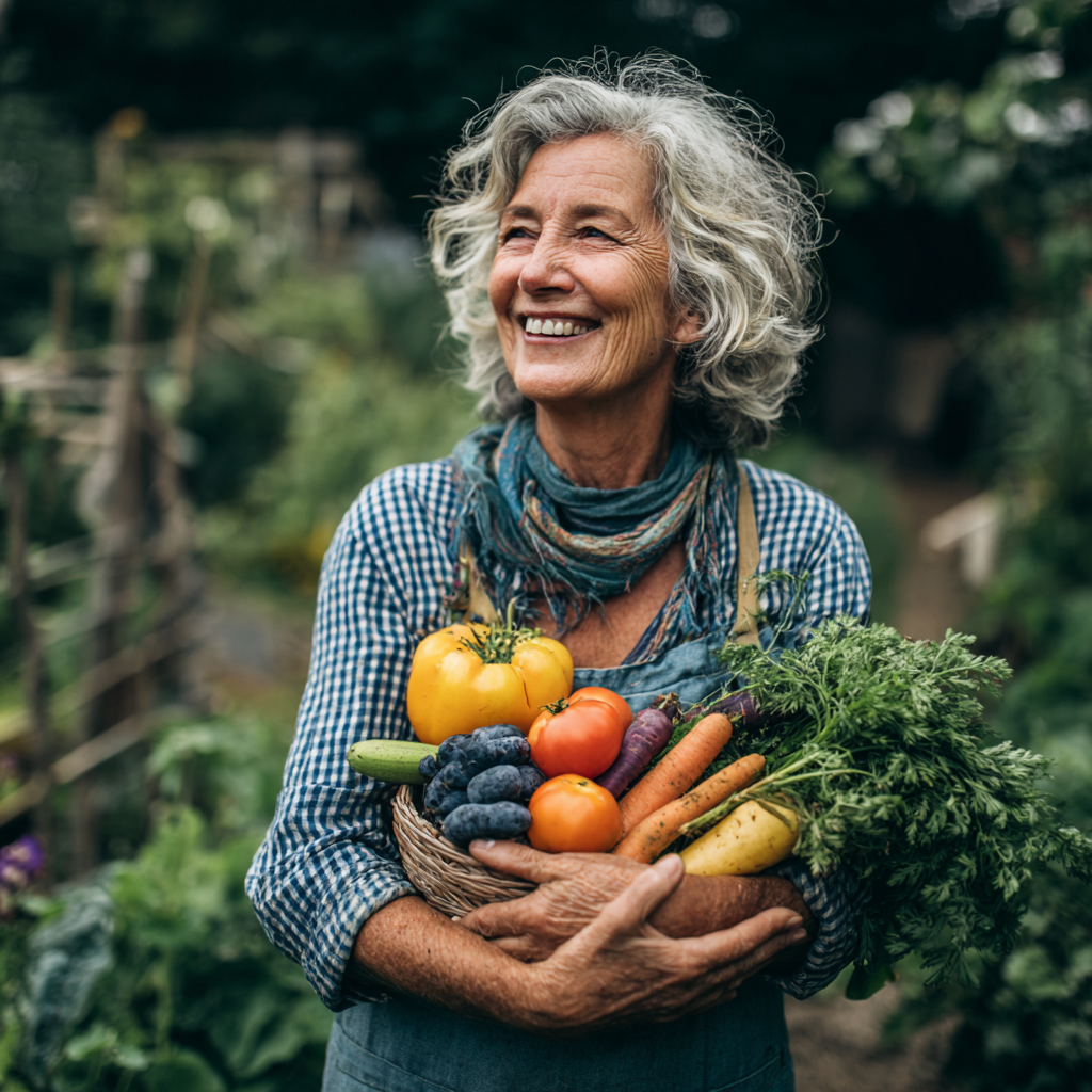 Elderly European couple enjoying mindful meal together at dining table with healthy colorful dishes, demonstrating conscious eating practices